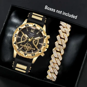 Montre Homme Quartz & Bijoux - Bracelet en Silicone, Boîtier en Alliage